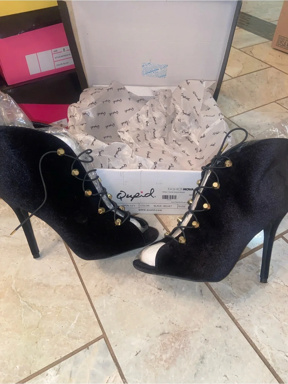 Qupid Black Velvet Lace-Up Peep-Toe Stiletto Heels